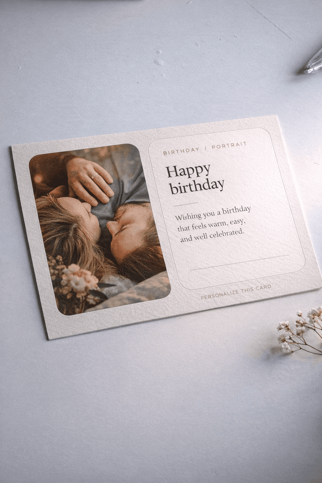 A close-up of a printed Mailamoment birthday card